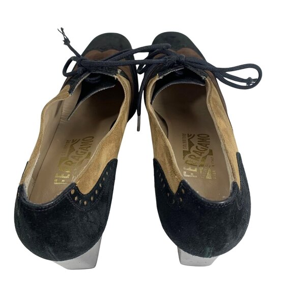 Salvatore Ferragamo Wingtip Lace Up Oxford Suede Square Toe Derby High Heels - Picture 5 of 10